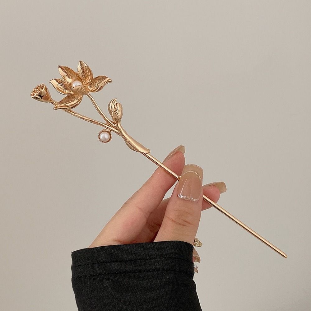 Herramienta de de peinado de loto y flor de perla antigua, horquilla de Metal, palillos para el cabello Hanfu, horquilla de estilo antiguo, tocado de estilo chino