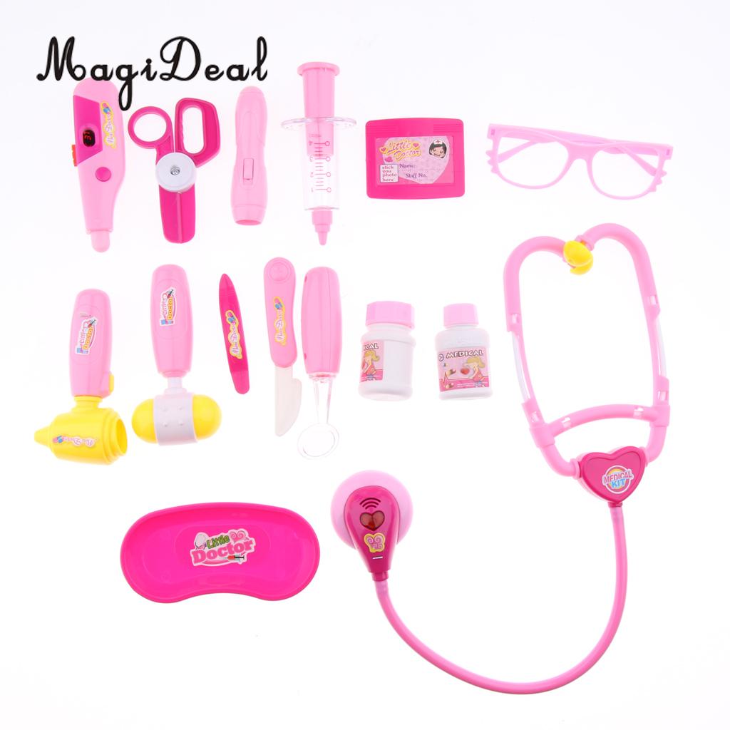 15pcs Nurse & Doctor Working Tools Kits Pretend Playset Case Kit Developmental Role Play Toys Pink