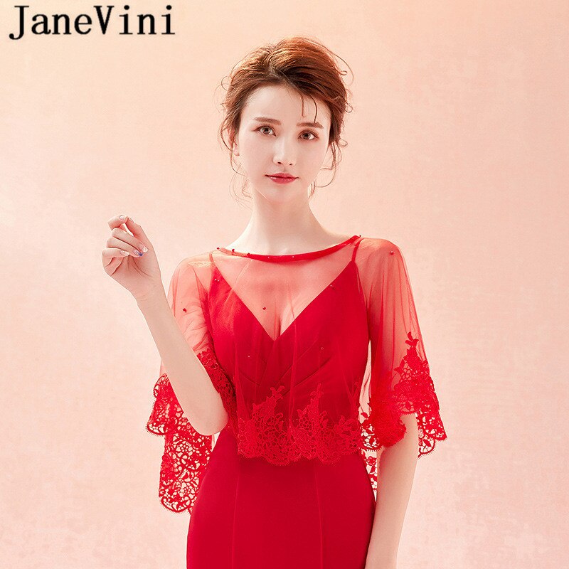 JaneVini Summer Red Lace Bridal Wraps Shawl Bolero Women Coprispalle Tulle Wedding Shawl Boleros Beaded Party Jackets