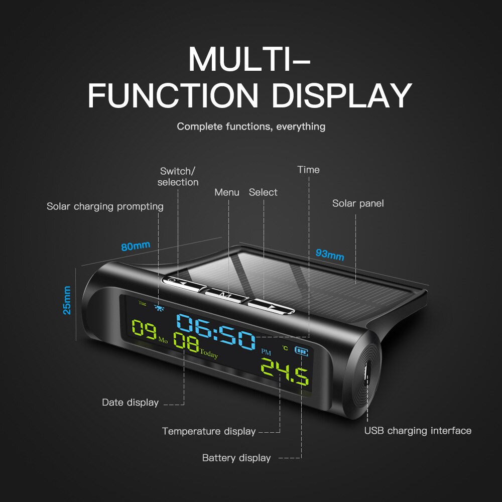 Pantalla LED Digital 3 en 1 portátil, reloj Solar para coche, termómetro, indicador, medidor de Panel para coche
