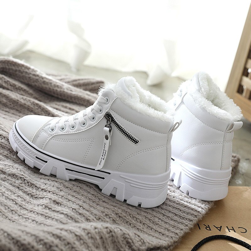 Women's cotton sneakers winter plus cashmere Korean students all-match warm high-top leather walking shoes women ZA-117: White / 10