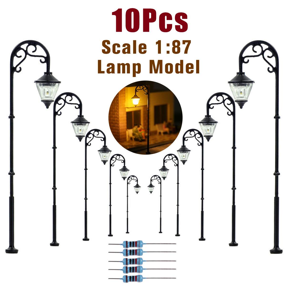 5/10 stk 1:87 ho skala retro modell gatelykt layout lyktestolpe hage landskap lys jernbane tog lampe mikro landskap dekor: Svart