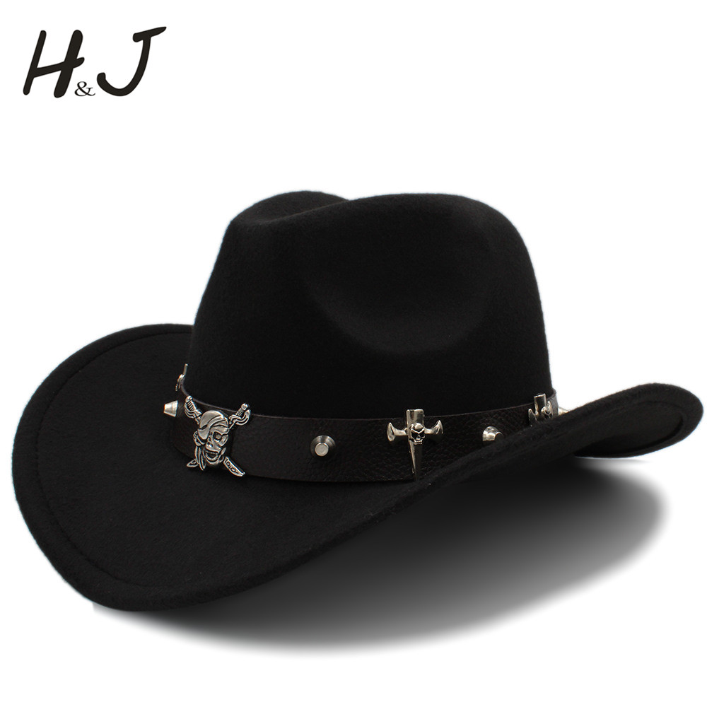 Kvinder mænd uld hule vestlige cowboy hat pirat læder bælte herre far jazz ridning sombrero hombre cap størrelse 56-58cm