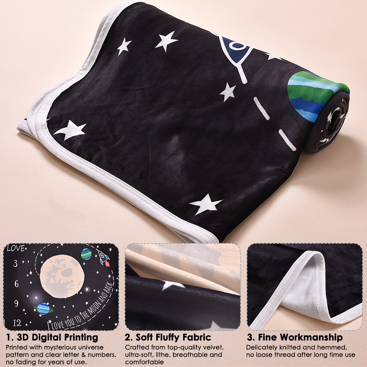 Zwarte Baby Universe Afdrukken Milestone Deken Pasgeboren Inbakeren Wrap Photo Achtergrond Doek Maandelijkse Groei Nummer Fotografie Props