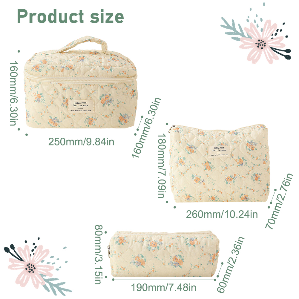 3pcs/set Ladies Quilted Cotton Storage Bag Aesthetic Printed Makeup Bag Women's Large Capacity Toiletry Organizer Cosmetic Pouch: black