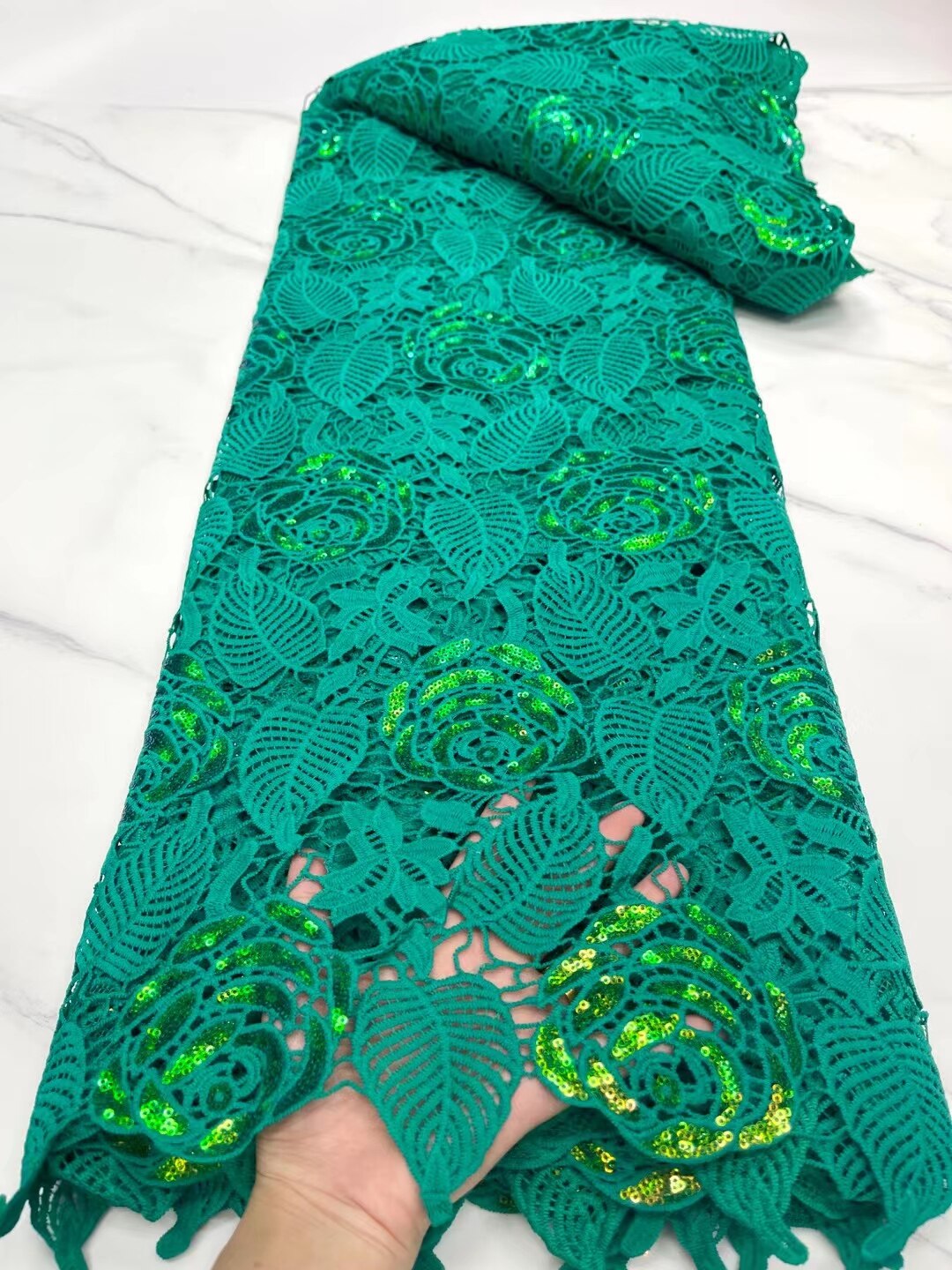 Tela de encaje de guipur blanco puro, suave, amigable con la piel, cordón bordado africano, Nigeriano para vestido de , NN821-x: Green with Sequins