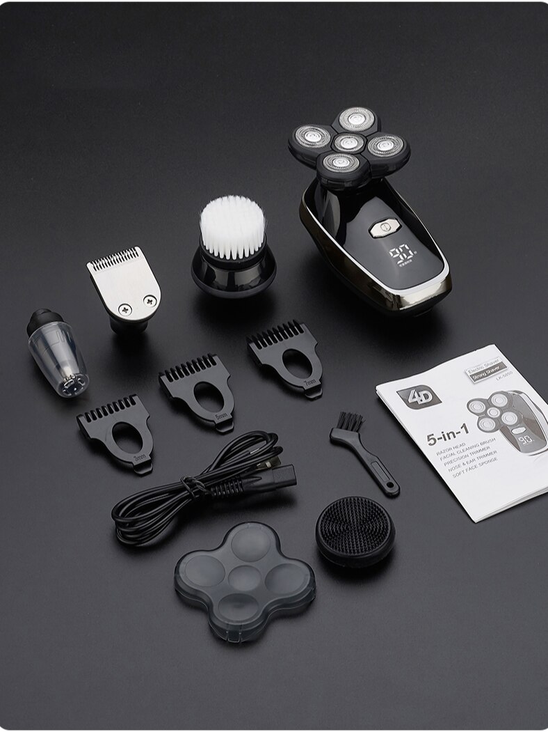 Electric Razor Bald Men Beard Trimmer 5 in 1 Grooming Kit Rotary Waterproof Hair Shaving Machine Head Shaver: Silver