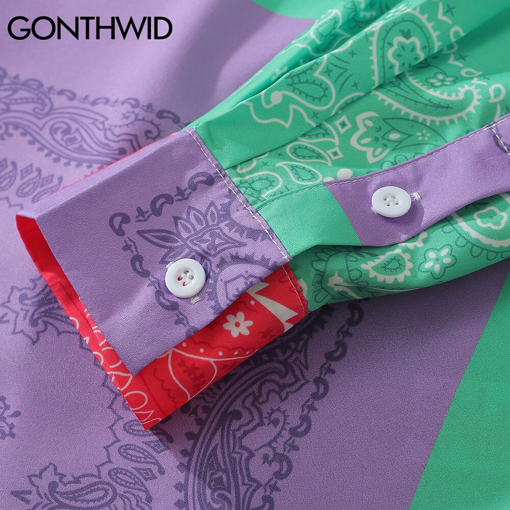 GONTHWID Bandana Paisley Pattern Color Block Hawaiian Shirts Beach Casual Long Sleeve Shirt Tops Party Harajuku Blouse