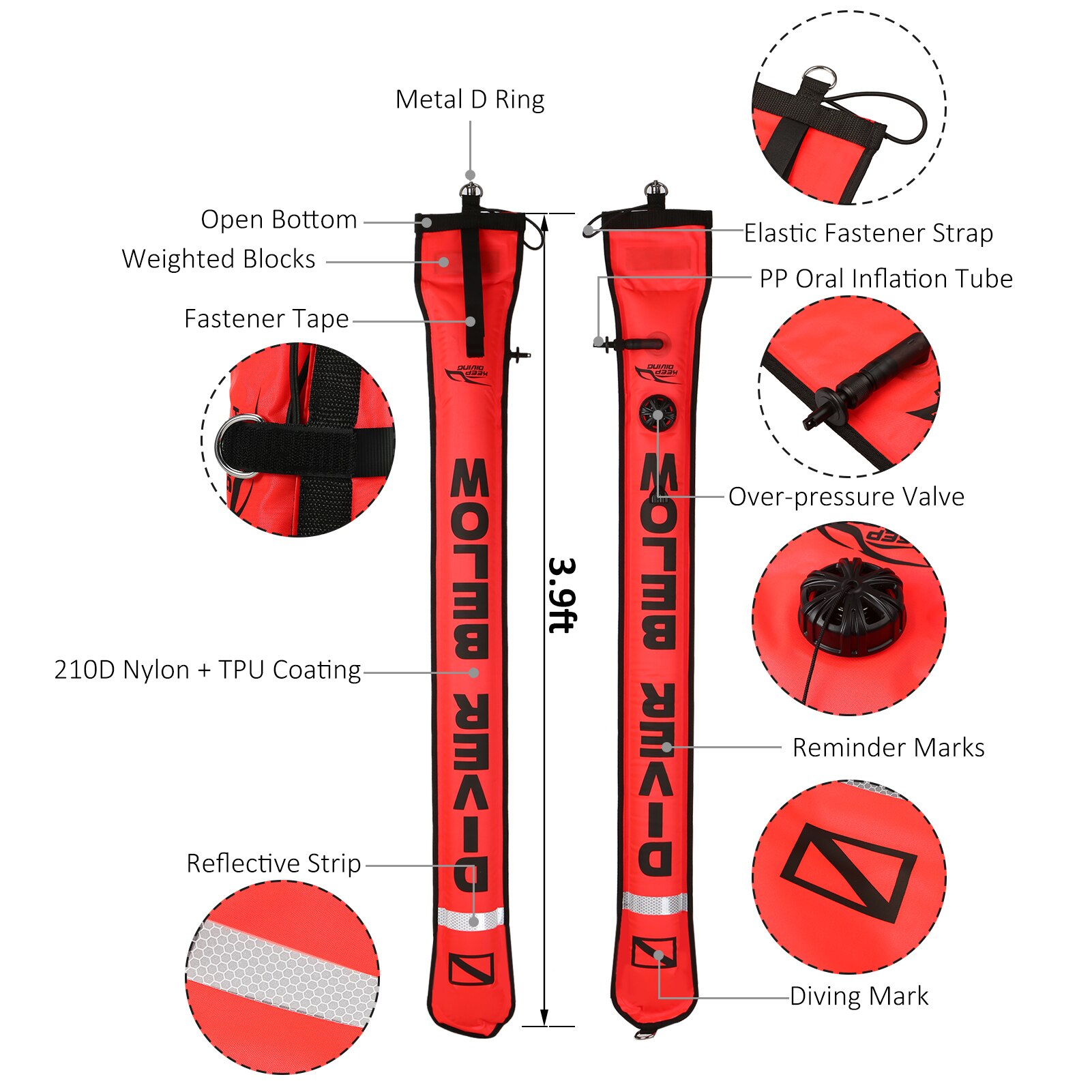 3.9ft Scuba Diving Surface Marker Buoy Float Inflatable Safety Signal Tube Drogue with 49.2ft Line Alloy Finger Spool Reel Clip