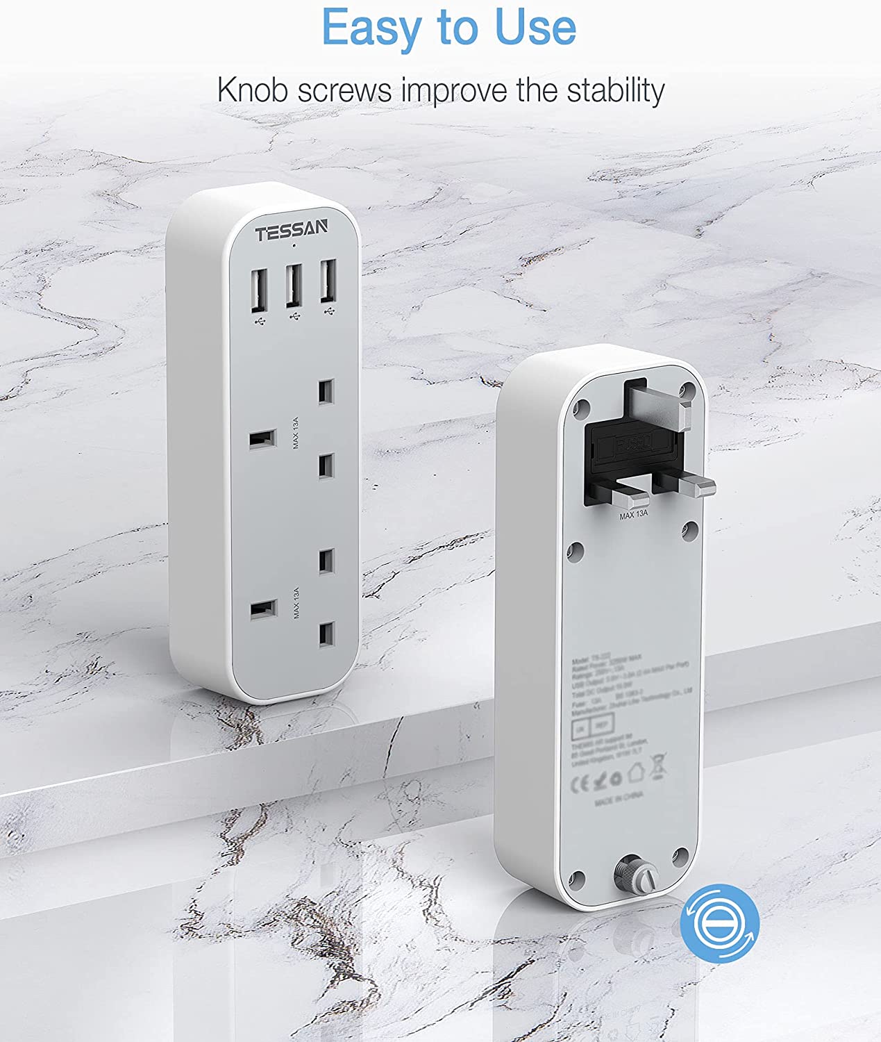 6 Ways UK Multi Plug Power Strip with 3 USB Charging Ports and 3 UK Outlets Wall Socket 100-250V Electrical Charger for Phones