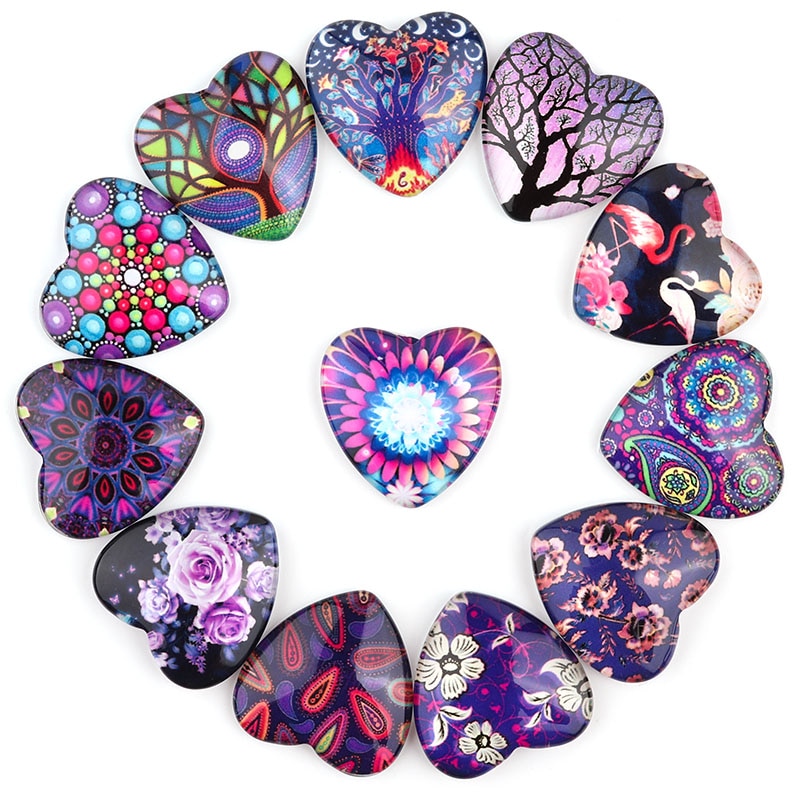 10 peças padrões de flores roxas 10-25mm coração flatback cabochão espaçadores de vidro para fazer joias diy acessórios de pulseira