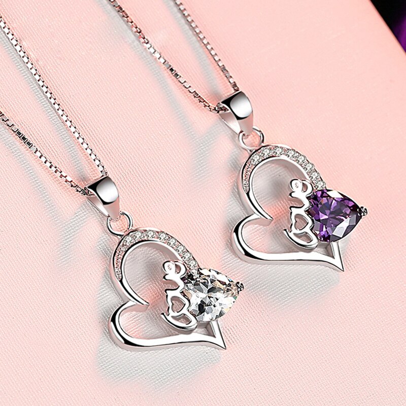 925 Sterling Silver Heart Zircon Pendant Necklace Purple Rhinestone Collarbone Chain Necklaces Women Jewelry
