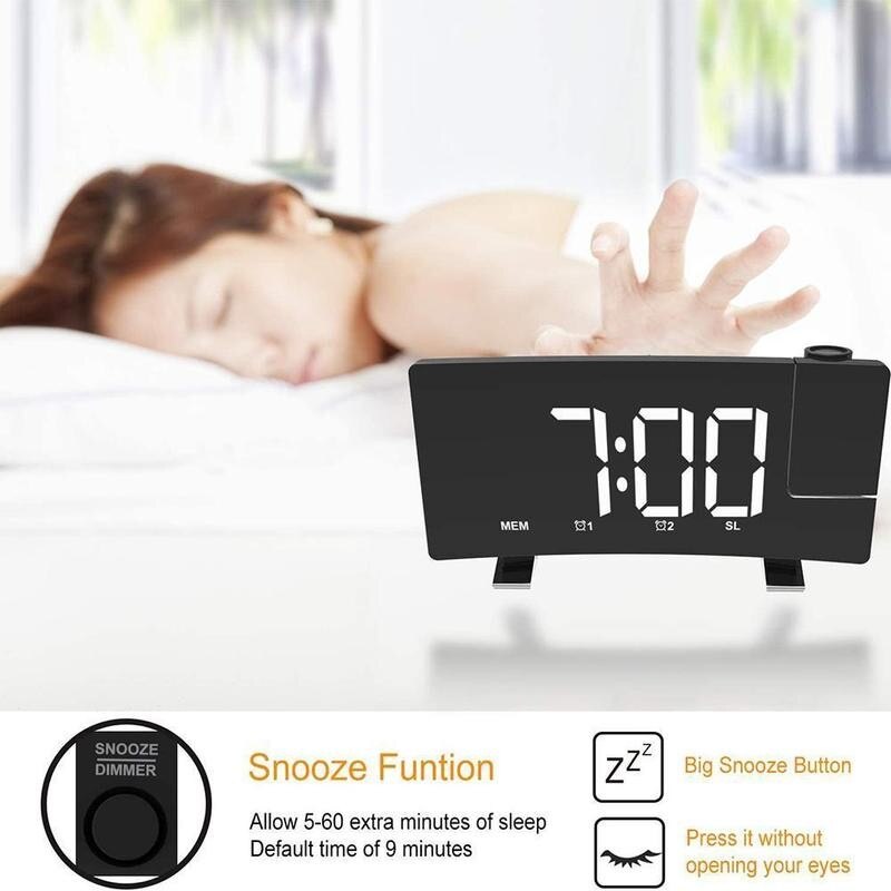 Led Digital Alarm Clock Fm Radio Time Projector Snooze Desktop Wake Up Watch Usb Projection Electronic Curved Double Table Clock