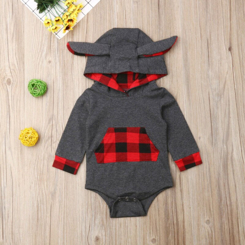 Baby Frühling Herbst Kleidung Kleinkind Baby Jungen Mädchen Ohren Mit Kapuze Bodys Langarm Plaids Baumwolle Overall 0-24M Outfits