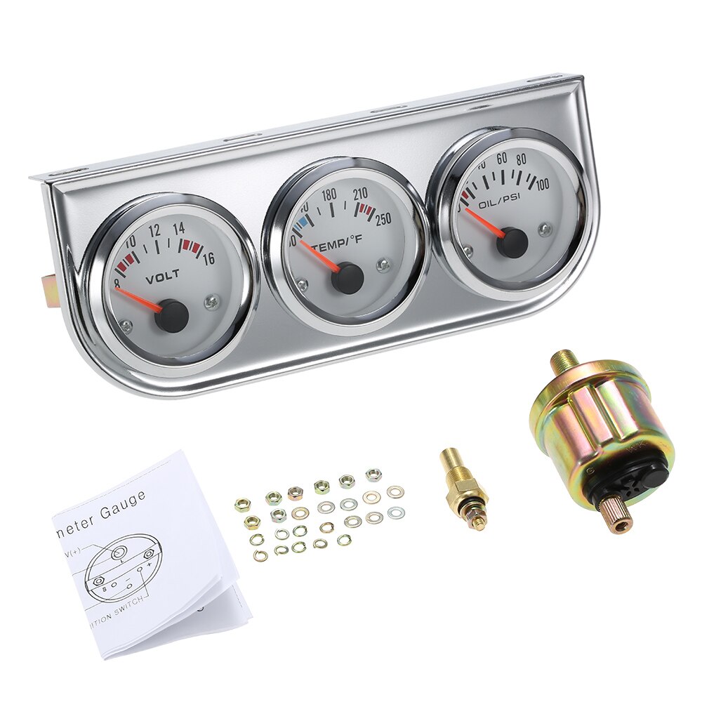 52Mm Olie Druk Fahrenheit Water Temperatuurmeter Voltmeter Chrome 3 In 1 Gauge Kit Auto Motorfiets Meter: WHITE