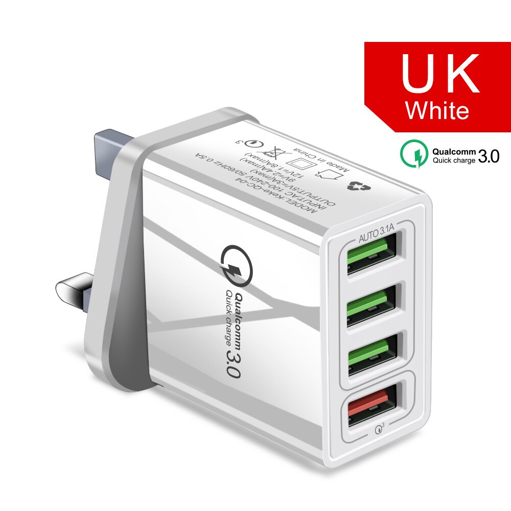 48W USB Quick Charge for iphone 7 8 Mobile Phone Fast Charger Charging Tablet QC 3.0 Fast Wall Charger US EU UK Plug Adapte: UK Plug White