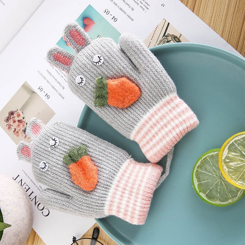 Cartoon Bunny Warme Baby Handschuhe Winter Kinder Kleinkind Baby Fäustlinge gestrickte Dicke Mädchen Jungen Nette Karotte Volle Finger Handschuhe: grey