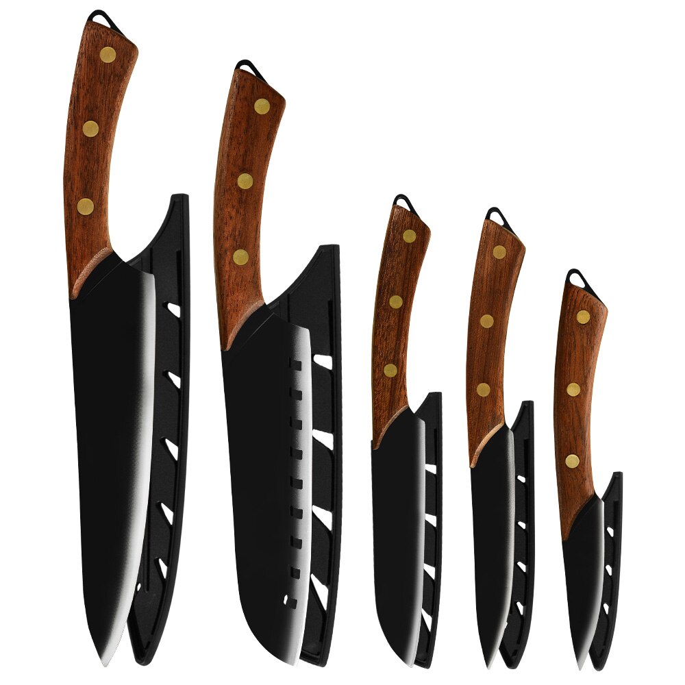 Pro Kitchen Chef Knives Set Stainless Steel Chopping Cleaver Kitchen Bone Shear Scissor Carrying Knife Bag Sharpener System: 5PCS SET-BROWN