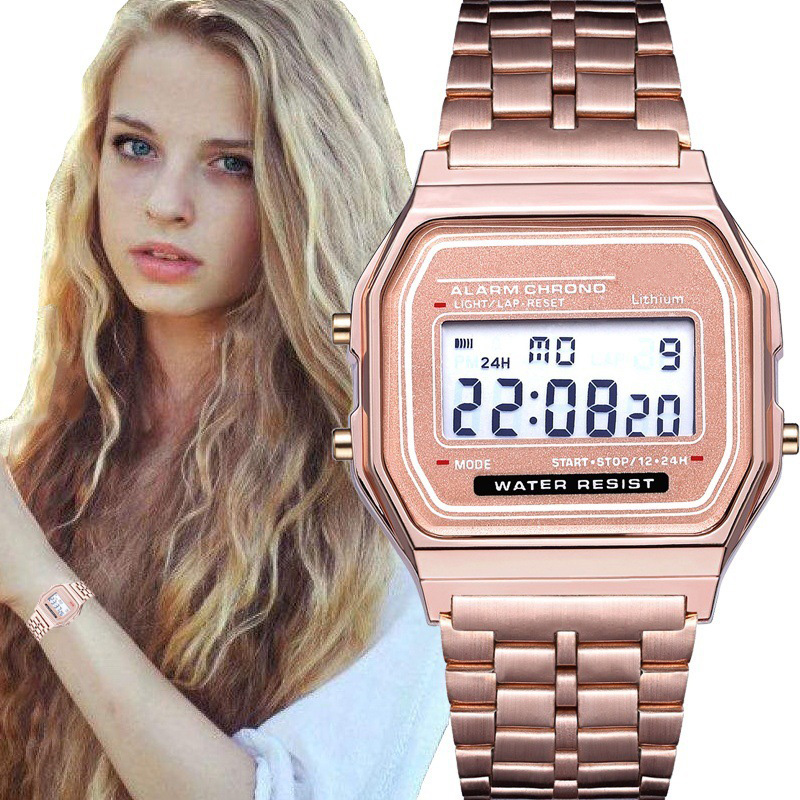 LED Digital Watch Crystal Square Women Watches PCV / F91W Steel Strap Sports Watches Electronic Wrist Band Clock Students