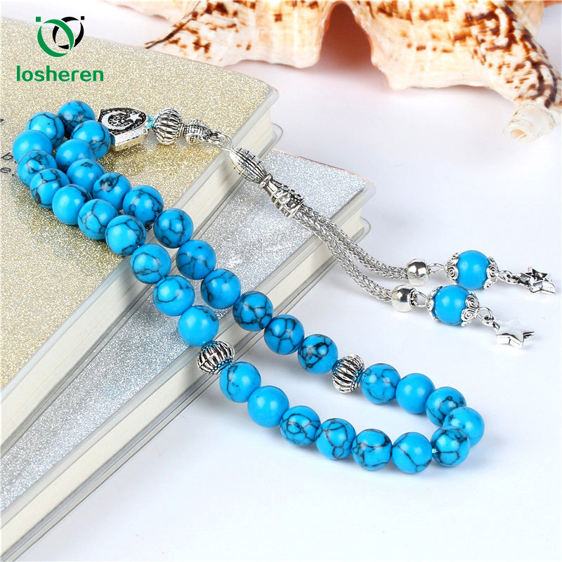 Losheren Turkuaz Materiaal Ronde Vorm 33 Gebed Kralen Islamitische Moslim Sieraden Tasbih Masbaha Allah Rozenkrans Ketting Tesbih 8Mm