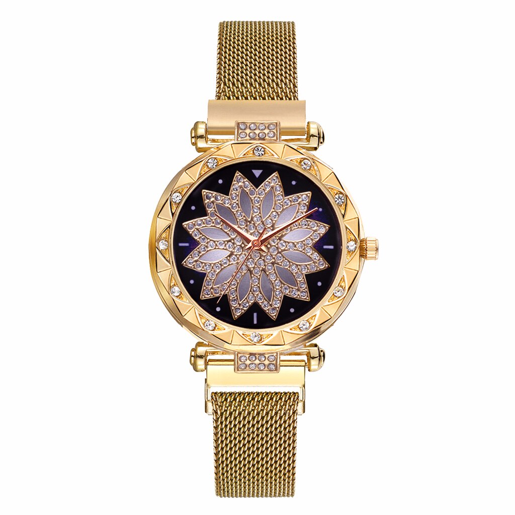 Dam magnet spänne stjärnhimmel blomklocka lyx dam strass kvarts klocka klocka relogio feminino: Guld-