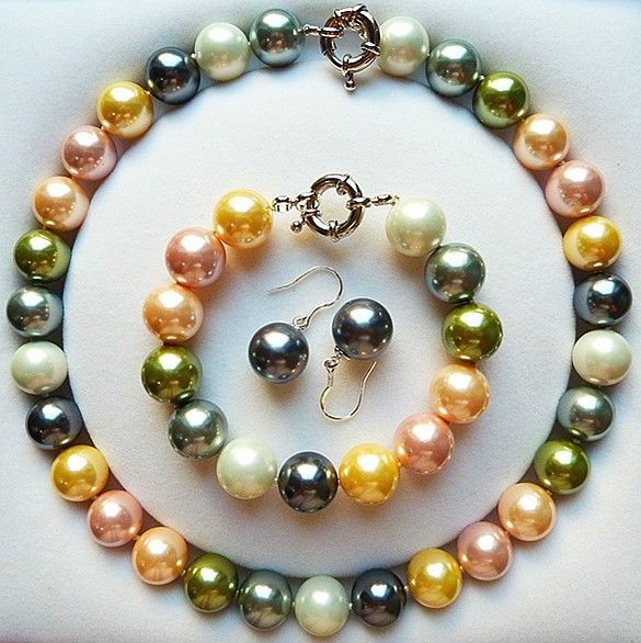 Schönes set von 14mm bunte shell perle halskette armband & ohrringe