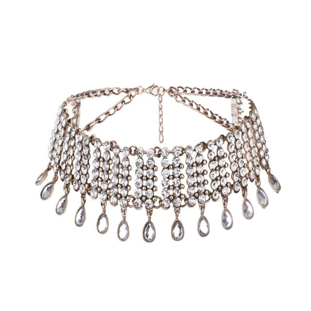 Luxury Multilayer Crystal Rhinestones Choker Necklace Women Indian Ethnic Statement Large Collar Necklace Jewelry: Blue Zinc