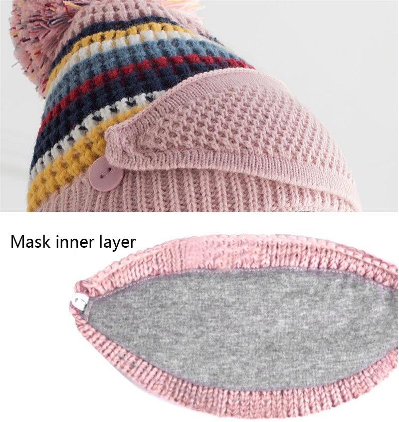 Girls Winter Knit Hat And Scarf Set Child Plush Warm Pom Pom Cap Scarves With Mask Big Kids Stripe Circular Scarf Hat 4-12T