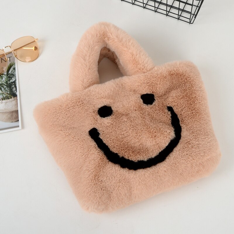 bolso de viaje de de invierno, bolso de mujer sonriente de felpa de invierno, bolso de cadena grande, bolso de mensajero, bolso de cuero suave cálido: Beige