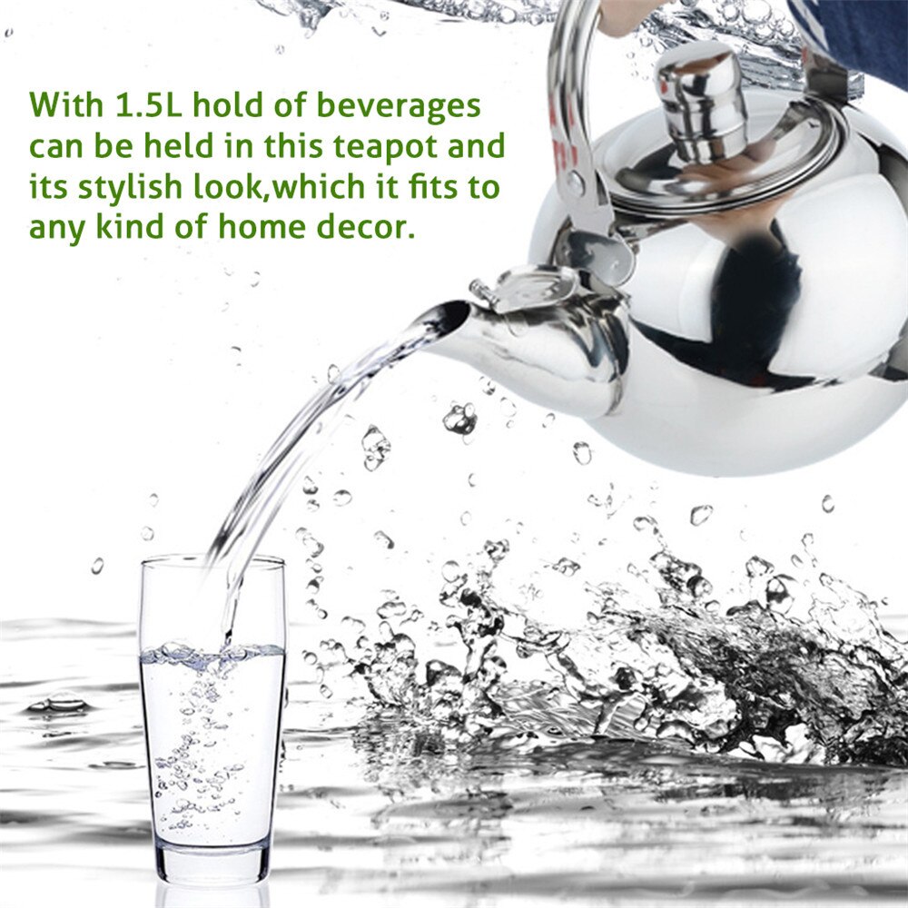 1.5L Silver Stainless Steel Water Kettle Pot Tea Maker Infuser Tea Kettle Pot Metal Teapot with Removable Tea Strainer
