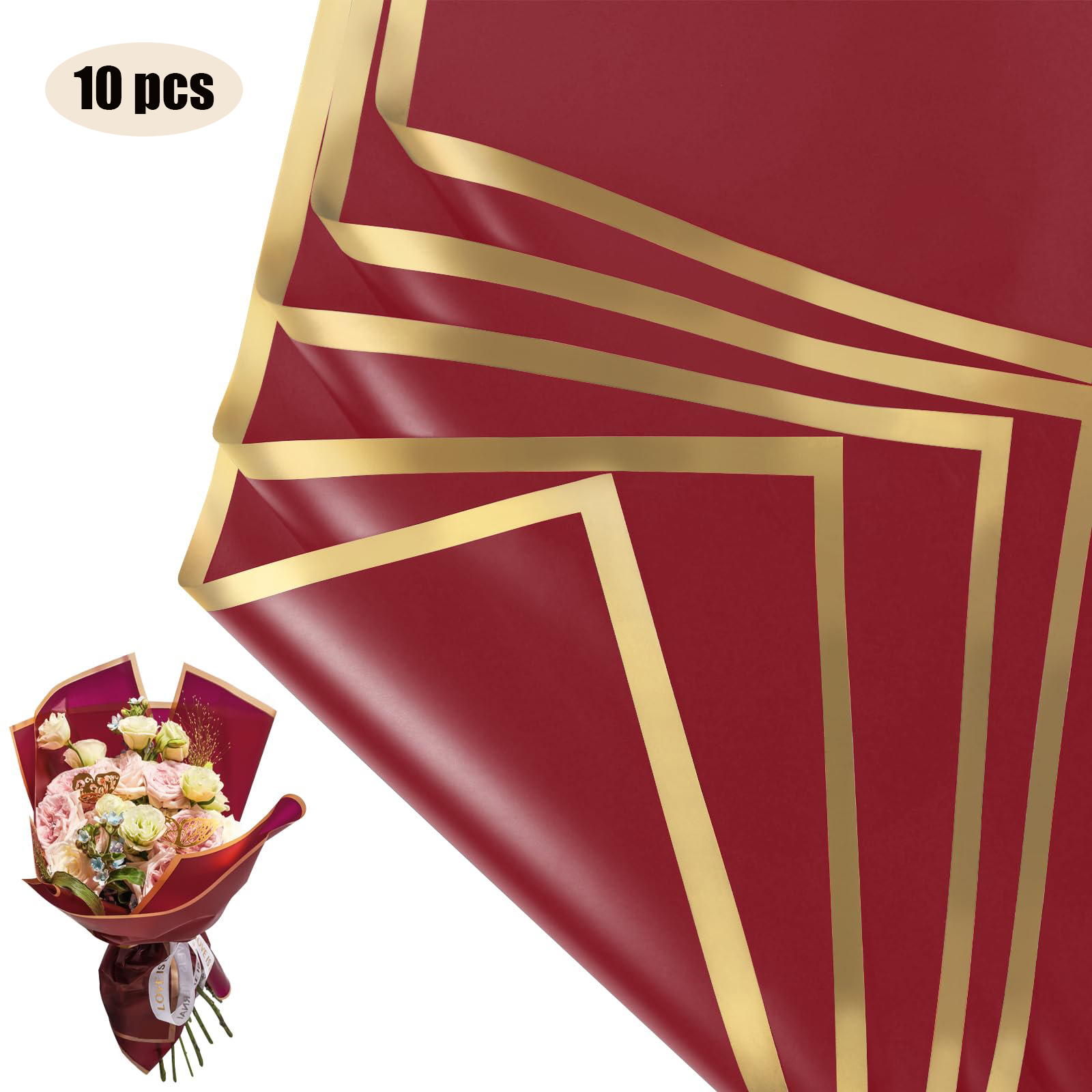 10 Sheets Flower Wrapping Paper with Golden Edges, Waterproof Bouquet Packaging - Ideal for DIY Weddings & Birthdays: Burgundy