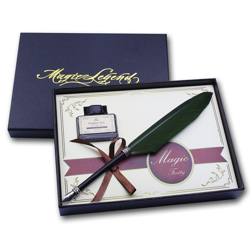 Mini Antique Europe Style Feather Pen Set Quill Calligraphy Writing Pen: Army Green