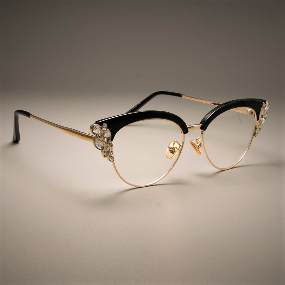 45120 Monturas de gafas ópticas de lujo con forma de ojo de gato para mujer, gafas con diamantes de imitación brillantes: Negro