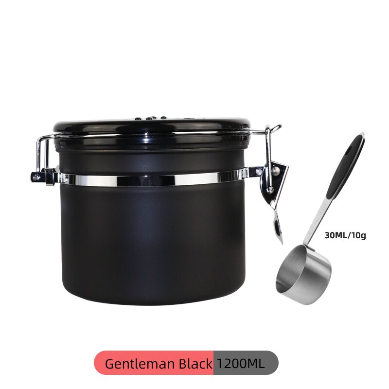 Stainless Steel Coffee Bean Sealed Tank Coffee Storage Tank With Exhaust Valve Dried Fruit Sealed Box Black 800Ml: Black 1200ML