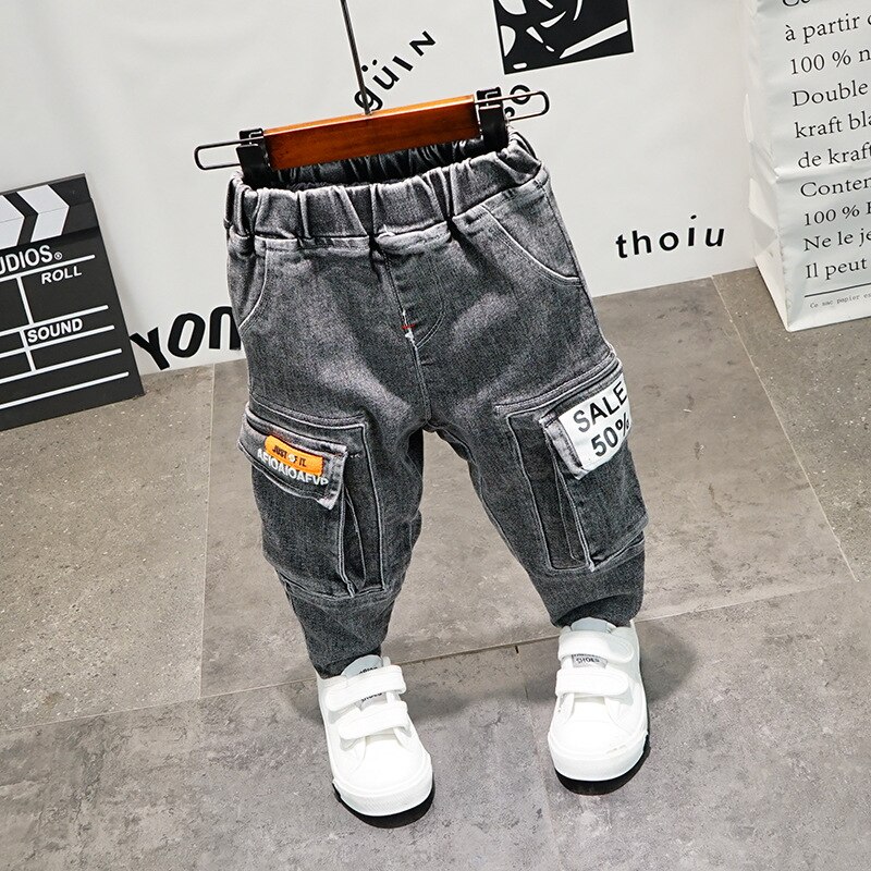 Børne jeans forår efterår koreansk stil baby drenge afslappede bukser børne denim bukser med lommer småbørn cowboy bukser: 4t