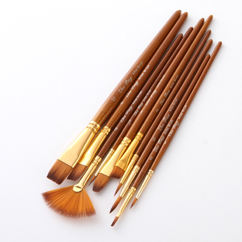 Juego de pinceles de nailon para pintura, Set de pinceles para pintura de pelo, varilla corta, pincel acrílico para aceite, pluma de acuarela, suministros de arte , 10 Uds.