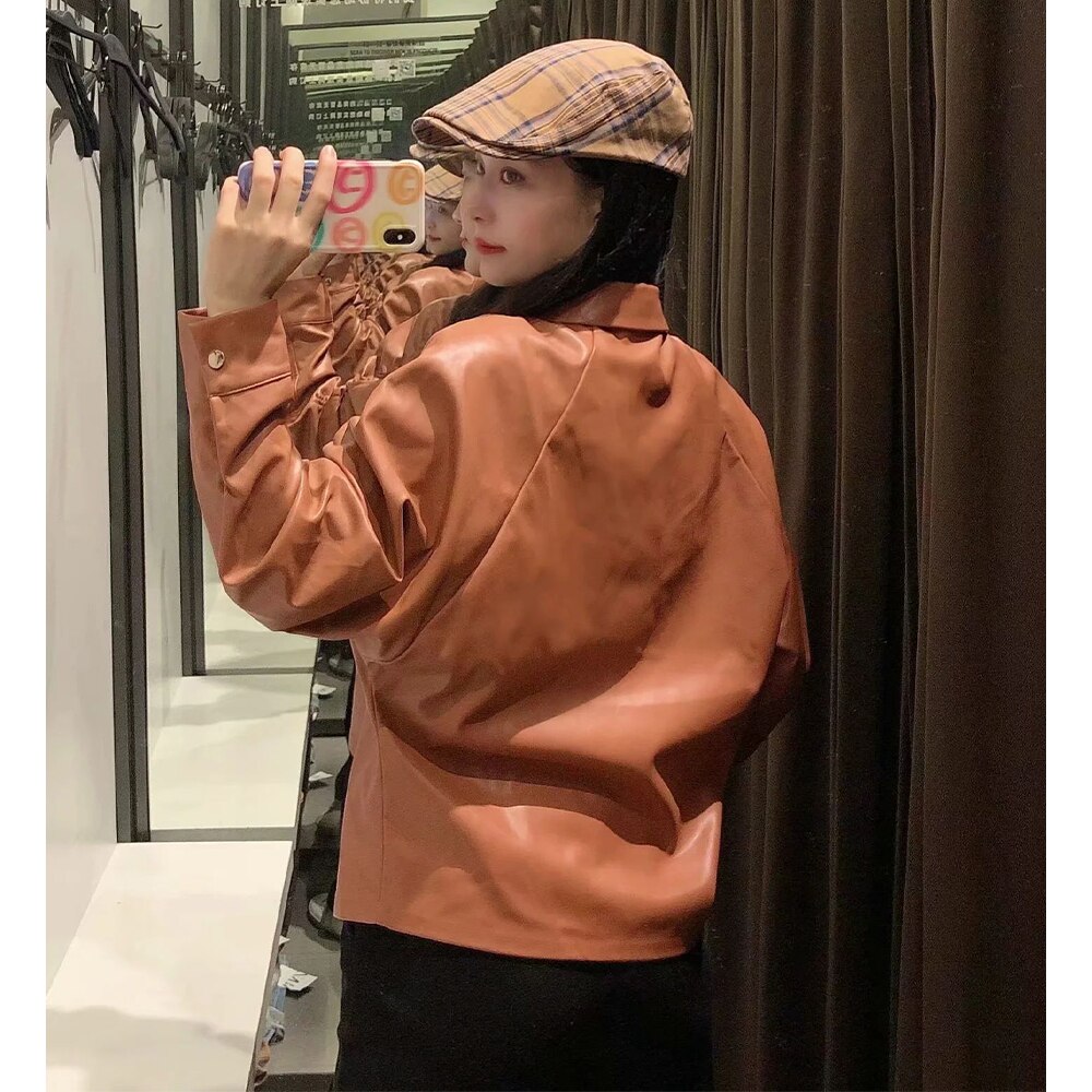 Fall Winter Women Faux Leather Shirt Long Gathering Sleeves Casual Chic High Street women Shirts
