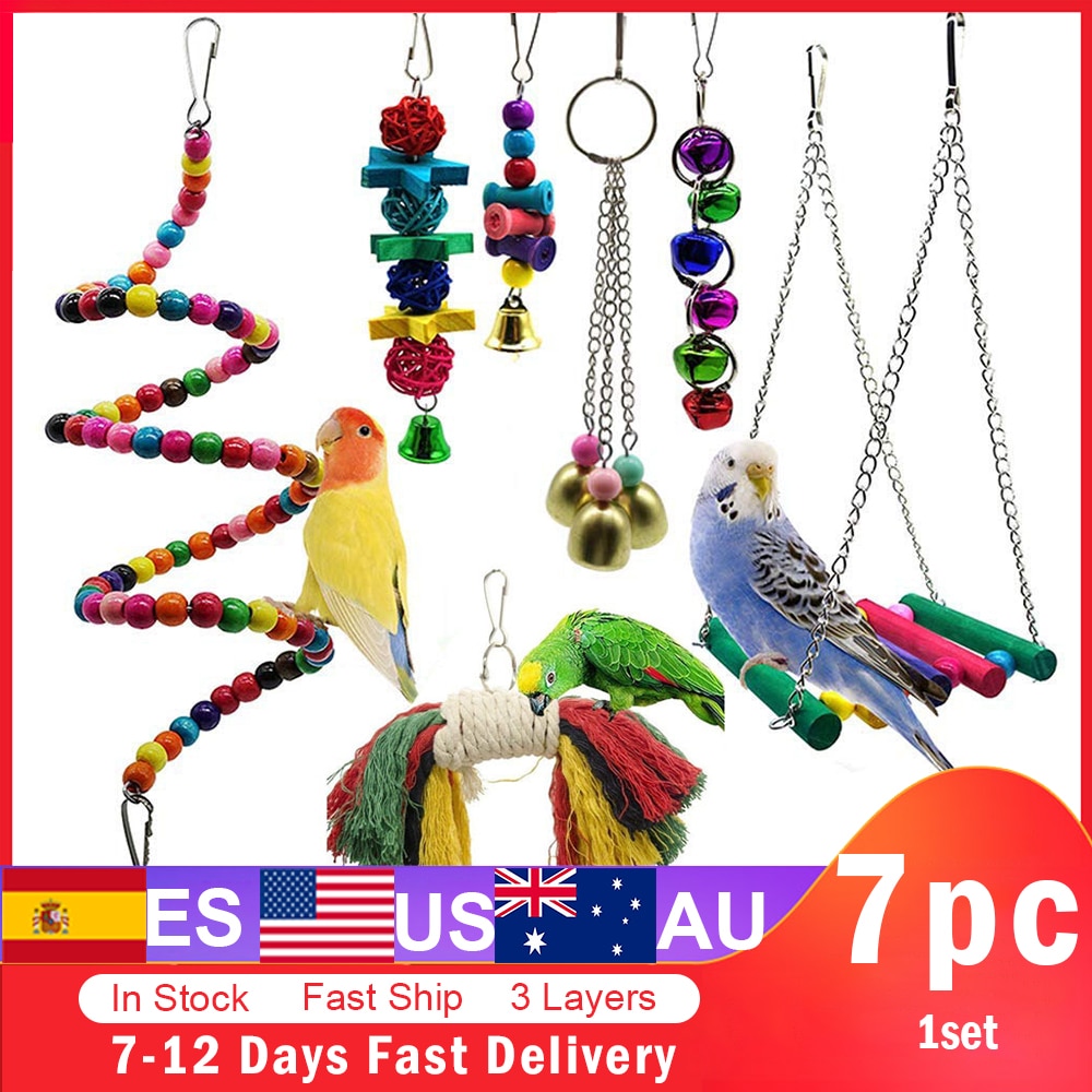 7 juguetes de loros y accesorios para pájaros para mascotas, soporte de oscilación, jaula de periquito, Vogel africano, gris, Speelgoed, Parkiet #15