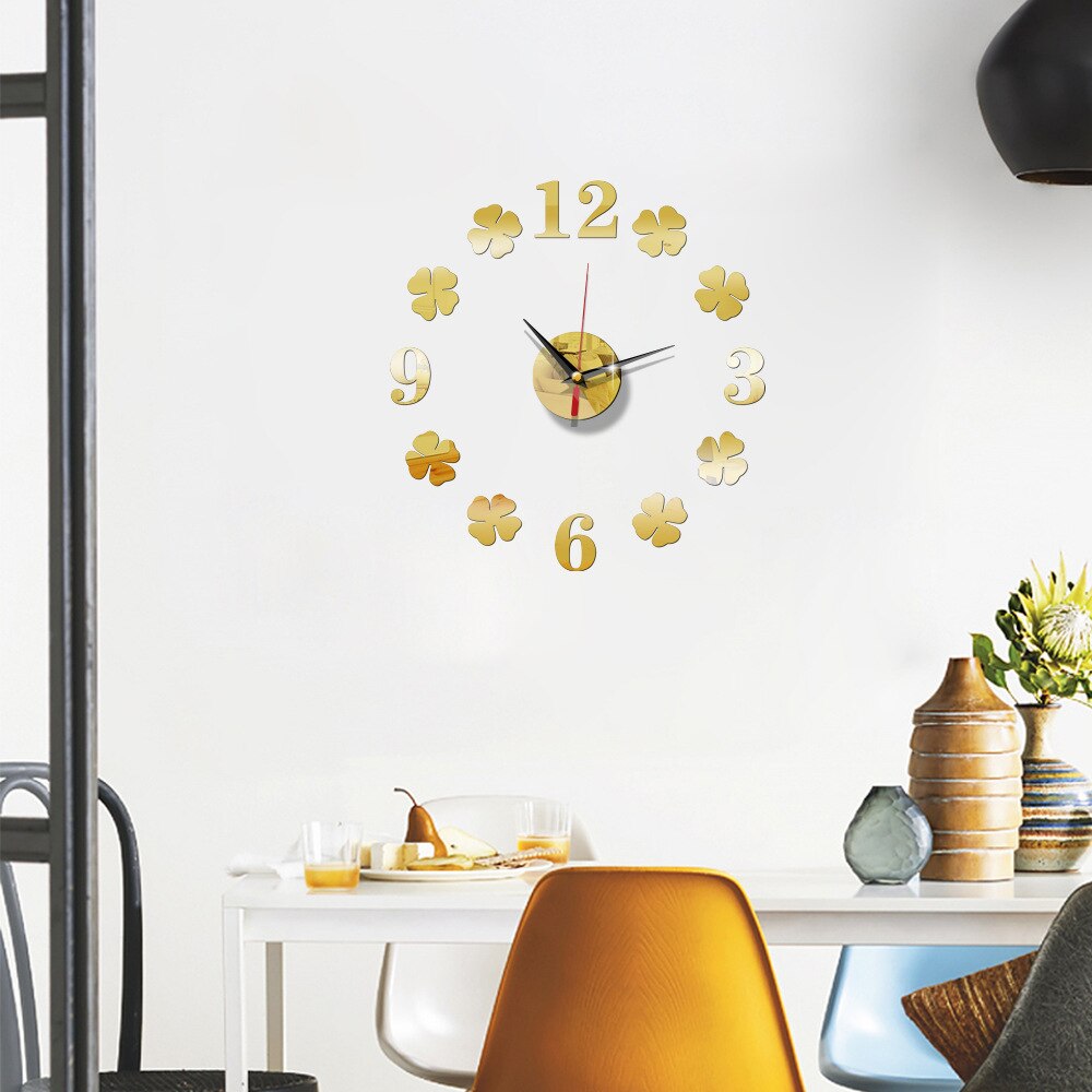 Creatieve Diy Lucky Klavertje Vier Acryl Muurstickers Wandklok Wandklok Home Decoratie Spiegel Mute Wandklok: Gold
