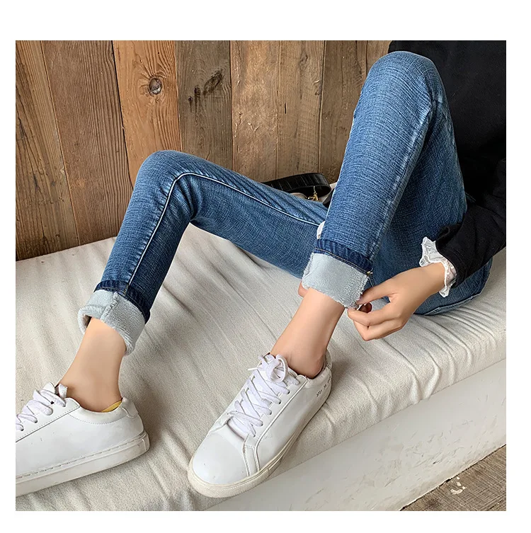 Jean Slim en velours épais pour femme, taille haute, Simple, polaire, , Slim, Stretch, décontracté, Denim: 27 / blue gray velvet