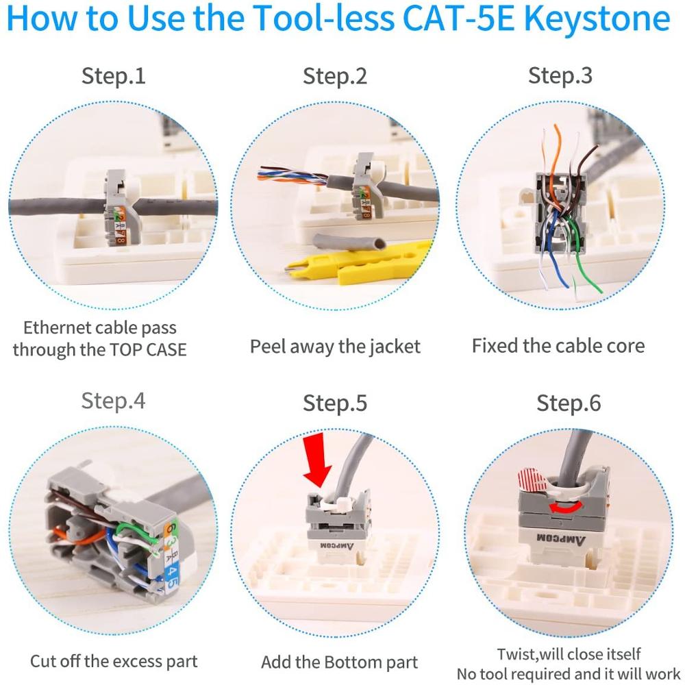 AMPCOM 10-pacchetto gatto5e RJ45 attrezzo-Meno chiave di volta Martinetti, nessun Pugno Imbottiture Strumento Necessario UTP Connettore del Modulo di Bianco