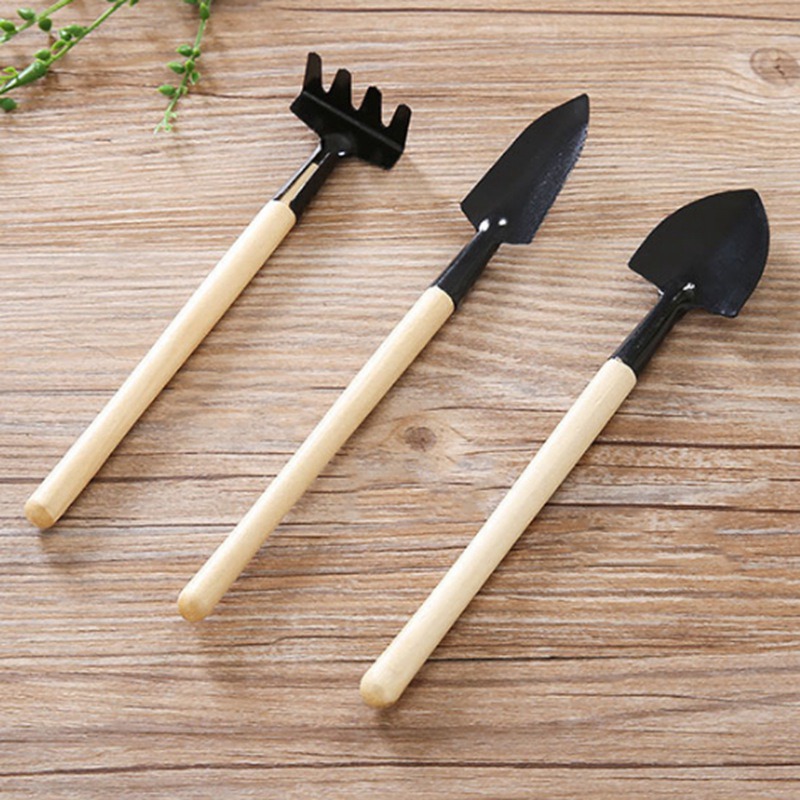 3Pcs Mini Wood Handle Metal Head Gardener Garden Hand Tool Kit Plant Gardening Shovel Spade Rake Trowel