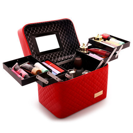 Large Capacity Makeup Suitcase Women Multilayer Toiletry Cosmetic Bag Organizer Portable Beauty Case Storage Box: red