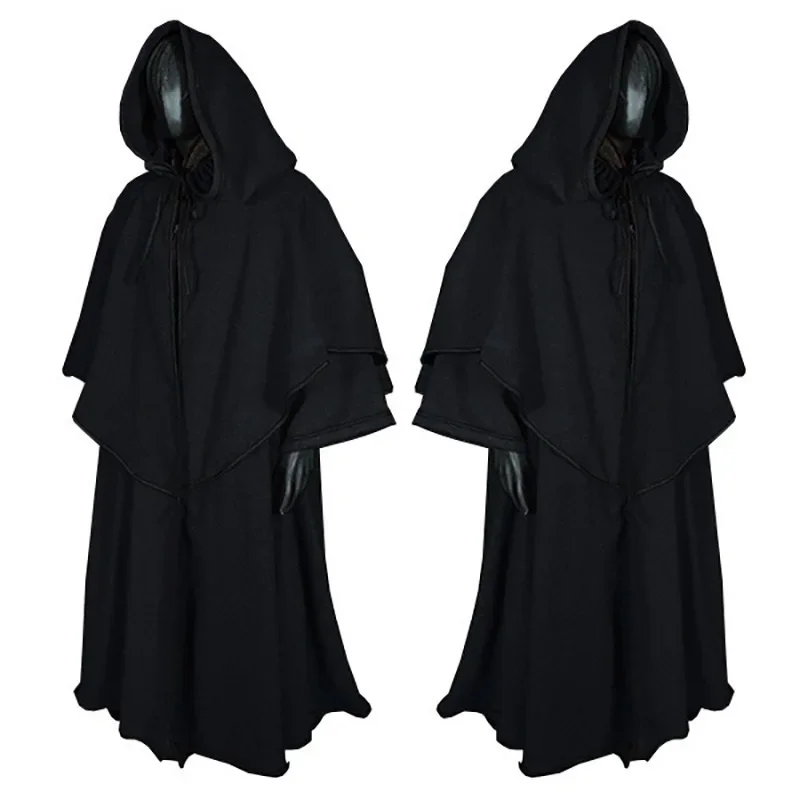 Halloween Medieval Stage Show Costume Black Assassin Cape Carnival Adult Cosplay Prop Robe Hooded Bandage Caped Wizard Clothes