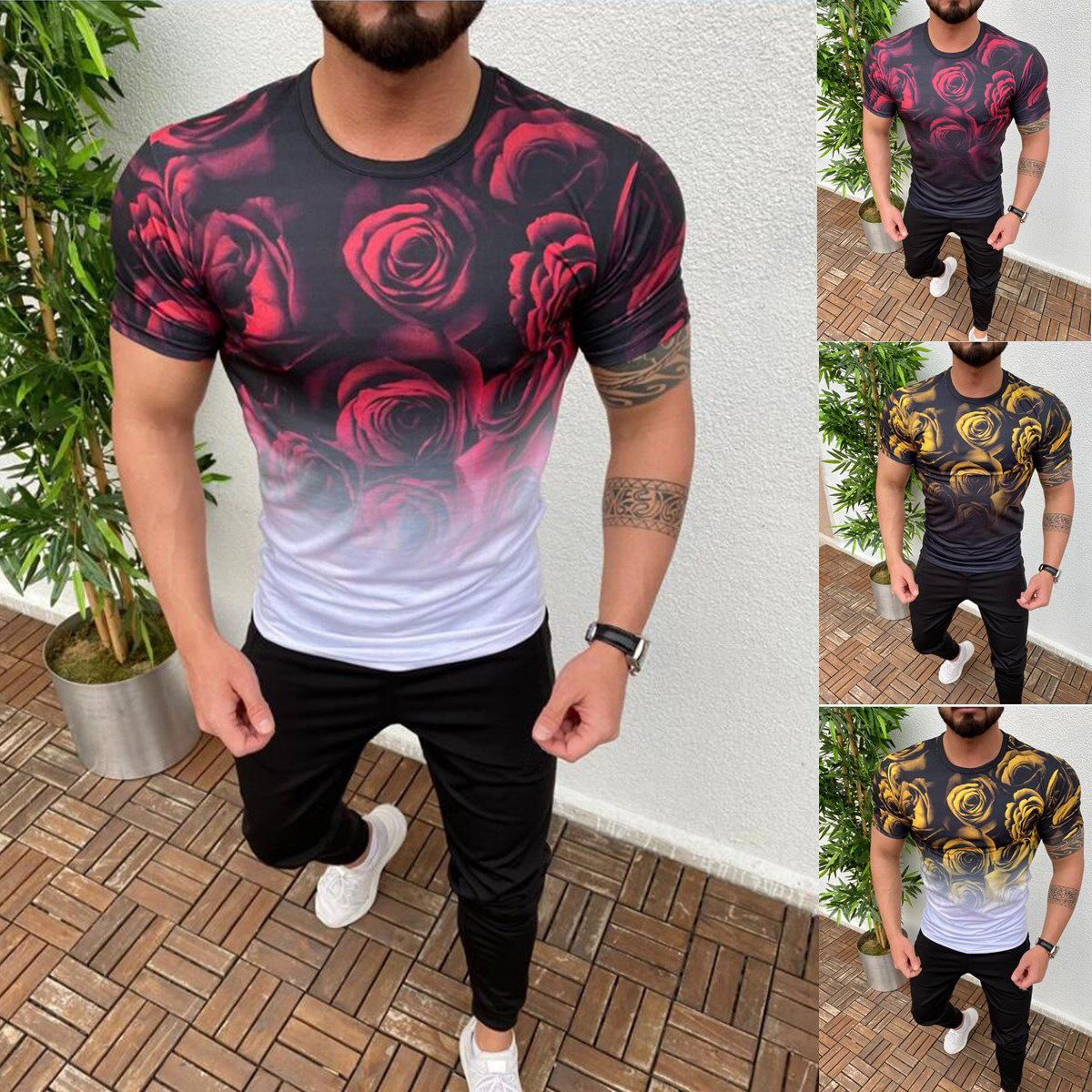 Merkki miesten vaatteet kaltevuus kukkia print slim fit miesten t-paita kesäinen o-neck fitness lyhythihainen t-paita miehelle