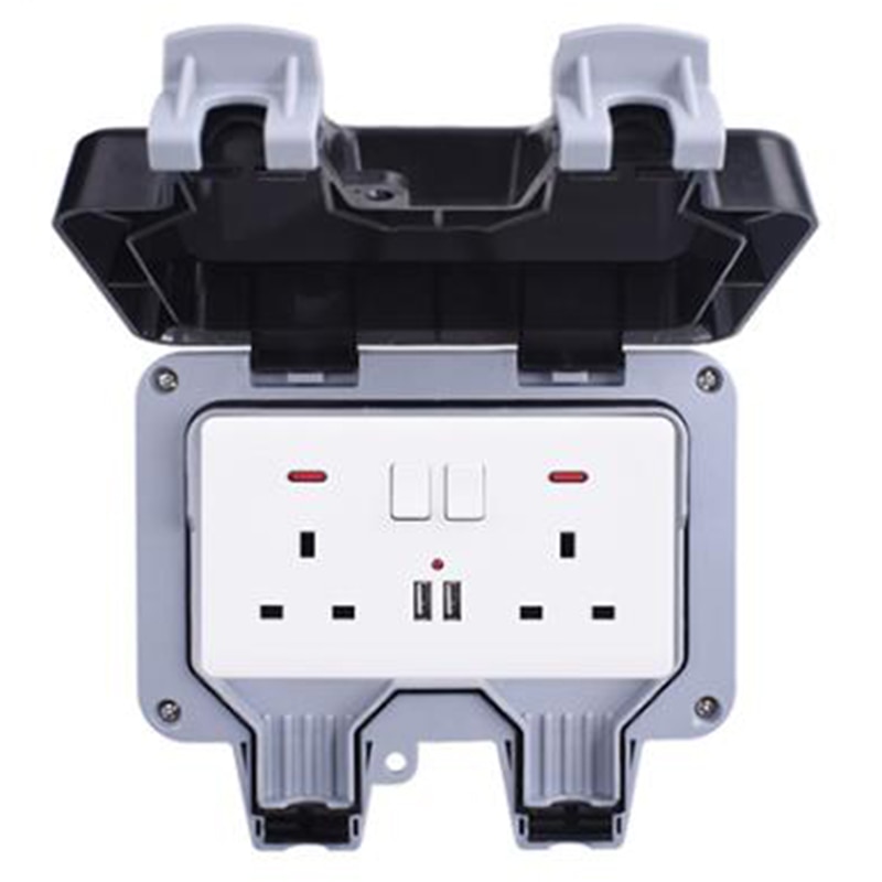 IP66 Waterproof Outdoor BOX Wall Socket 13A Double Universal / UK Switched Outlet with USB Charging Port UK Plug