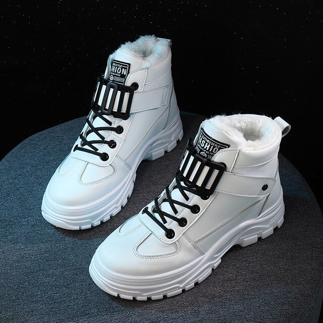 Kvinnor vinterskor sammet päls platå sneakers svart/vit hög topp kvinnliga fritidsskor bomull vadderade snöskor  u275: Vit / 9