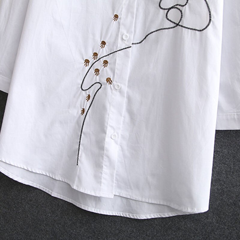 Herfst Vrouwen Shirts Dames Wit Tops Vrouwelijke Lange Mouwen Blouses Kat Borduurwerk Losse Oversized Kleding S79 8078