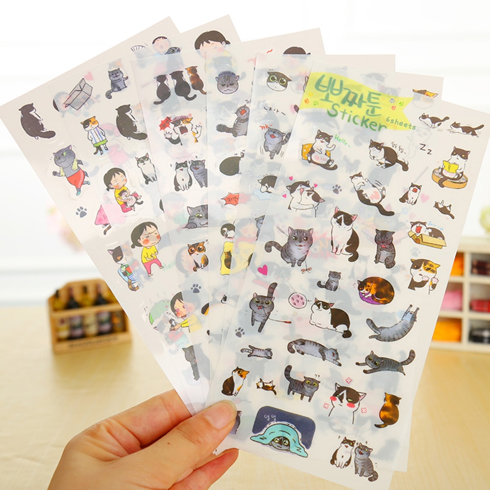 6 Pcs / Pack South Korea Transparent Pvc Stickers Cute Cat Diary Photo Album Stickers