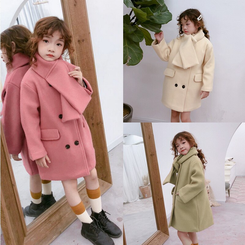 Wlg uldfrakke til piger børn vinter beige grøn pink tyk lang stil frakker babypige fahion all match cashmere frakke 3-8 år
